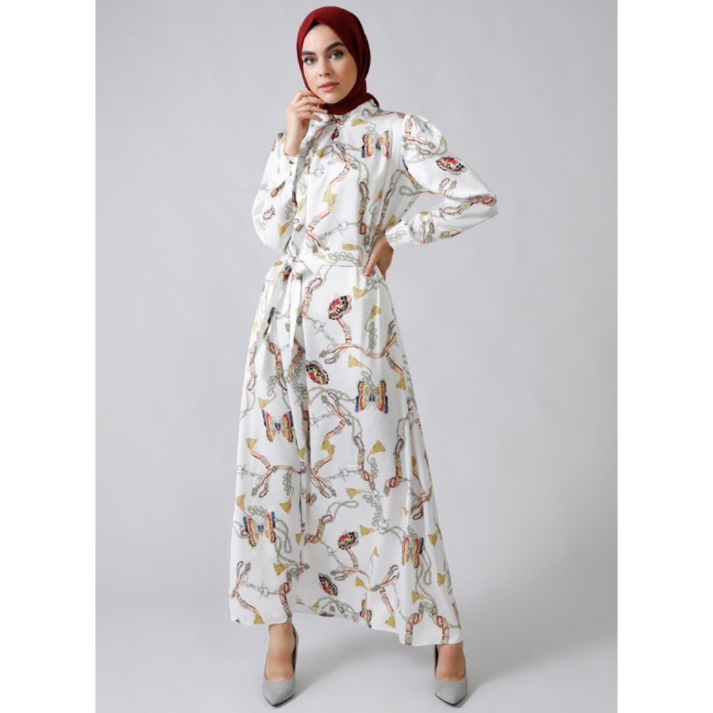 REFKA by Modanisa Modest Maxi Hijab Dress 10 White Ecru Chain Print Long Sleeve